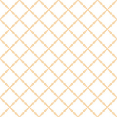 Square grid vector seamless pattern. Subtle abstract geometric texture with diagonal cross lines, rhombuses, small grid, mesh, lattice, grill, wicker. Delicate white and yellow repeatable background