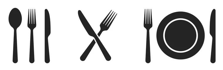 Fotobehang Fork, knife, spoon and plate set icons. Tableware set flat style. Dinnerservice collection. Plate, fork and knife for apps and websites. Dinner service - stock vector. © Comauthor