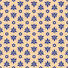 Vector floral seamless pattern. Elegant Christmas background. Yellow and blue geometric texture with small flowers, stars, triangles. Winter holiday ornament. Design for decor, gift paper, wallpapers