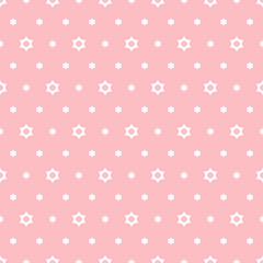 Cute geometric seamless pattern. Simple vector minimalist texture with small stars, floral shapes. Abstract background in pastel colors, pink and white. Repeat design for baby decor, clothing, textile