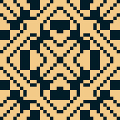 Vector geometric traditional folk ornament. Ethnic seamless pattern. Ornamental background with small squares, crosses, snowflakes, floral shapes. Texture of embroidery, knitting. Black and yellow