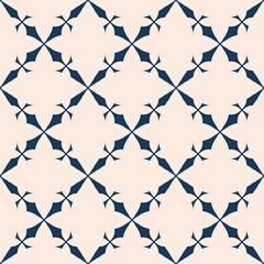Naklejka premium Vector abstract geometric floral texture. Elegant seamless pattern with flower shapes, mosaic tiles, crosses, grid, lattice. Elegant background in deep blue and light pink colors. Repeatable design