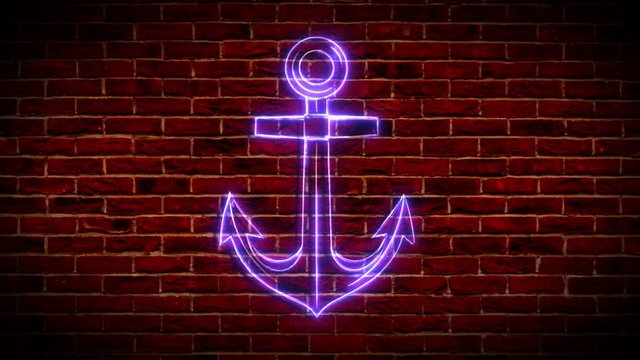 Neon anchor in a rope frame. Blue anchor in red frame on a wall background.