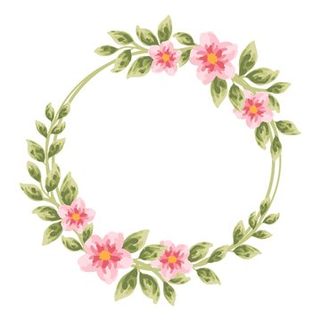 Beautiful and vintage hand drawn sakura and dog-rose flower wreath element. Pink dog-rose flower and green leaf arrangement for wedding invitation or greeting card 
