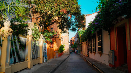 Colonial Street in South America - Colorful old houses full of flowers - Cartagena de Indias -...