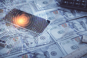 Double exposure of brain drawing over us dollars bill background. Technology concept.