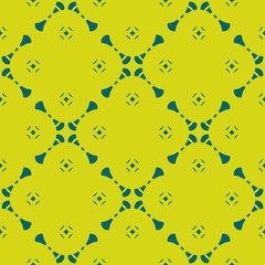 Vector minimalist seamless pattern. Abstract geometric floral background in dark green and lime color. Minimal ornament texture with simple small flowers, grid. Natural organic theme. Repeated design