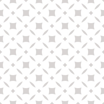 Subtle abstract floral seamless pattern. Vector gray and white background. Simple geometric leaf ornament. Luxury silver graphic texture with diamond shapes, squares, grid. Elegant repeatable design