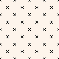 Fototapeta na wymiar Vector minimalist geometric seamless pattern with small squares, crosses, cubic flower shapes, dots. Simple minimal black and white texture. Pixel art background. Monochrome repeated decorative design