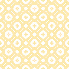 Fototapeta na wymiar Vector floral minimalist seamless pattern. Simple abstract geometric background with small flowers, circles, lines. Minimal ornament texture in vanilla yellow and white color. Elegant repeat design