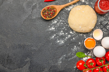 Ingredients for tasty pizza on dark background