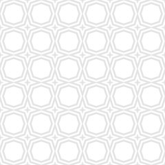 Subtle vector geometric seamless pattern with grid, lattice, lines, geo shapes, stars, diamonds, octagons, mesh. Delicate abstract background. Simple white and gray ornament texture. Repeat design