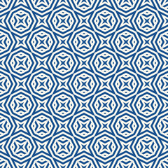Vector abstract seamless pattern with geometric shapes, stripes, lines, stars, octagons. Blue and white optical art texture. Creative modern design. Stylish geometrical background. Repeat ornament