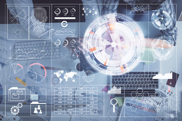 Double exposure of man and woman working together and data theme hologram drawing. Computer background. Top View.