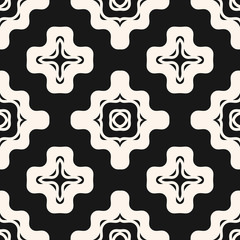 Vector geometric seamless pattern with wavy shapes, curved lines, crosses. Simple abstract black and white texture. Repeat minimal ornament. Stylish modern design for decor, tileable print, textile