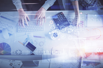 Double exposure of man and woman working together and data theme hologram drawing. Computer background. Top View.