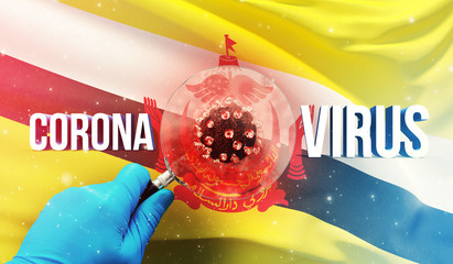 Medical scientist looking at a molecule under a magnifying glass, medical concept with flag of Brunei. Pandemic 3D illustration.