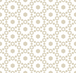 Fototapeta na wymiar Geometric seamless pattern with delicate hexagonal lattice. Subtle white and beige hexagons texture, ornamental grid, mesh, net. Abstract repeat background. Modern minimal design. - Stock vector
