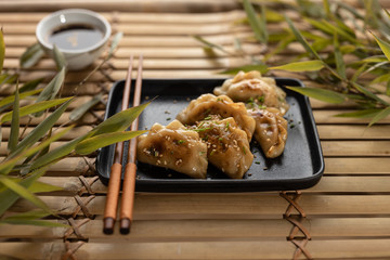 Fried Gyoza dumplings on plate and sauce on bamboo background