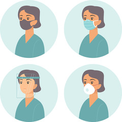 Different types of medical protective face gear. Flat vector concept for coronavirus COVID-19 outbreak