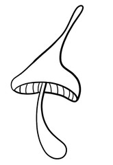 cute black and white mushroom with a long hat and leg isolated on a white background, illustration for postcards, decor, posters, print, fabric, and so on in the style of Doodle