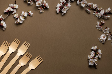 disposable wooden forks lined with a fan in the corner. brown background and frame of twigs of flowering trees