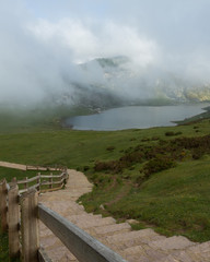 Fototapeta premium stairs to lake in the mountain