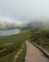 stairs to lake in the mountain