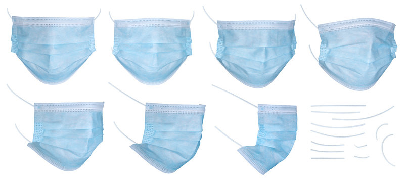 Set of medical mask or surgical ear loop mask isolated on white background with clipping path. Medical mask isolated on white background. Surgical mask, template for design, high resolution, close up.