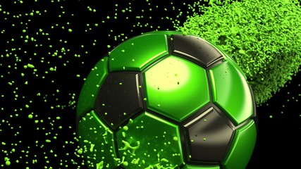 Black-Green Soccer ball with Green Rotating Particles under Black-Yellow Background. 3D sketch design and illustration. 3D high quality rendering.
