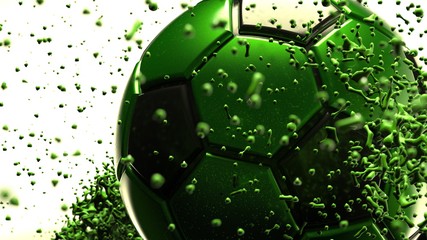 Black-Green Soccer ball with Green Rotating Particles under Black-Yellow Background. 3D sketch design and illustration. 3D high quality rendering.