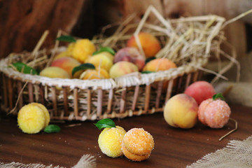 Peach shaped cookies with nut and caramelized milk inside