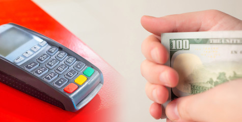 Choose between purchases and savings. A person hides money on the background of a payment terminal. Formation of savings. The creation of a financial reserve.