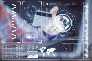 Double exposure of man hands holding a credit card and data theme drawing. E-commerce and technology concept.