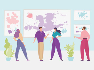 Men and women visit an art gallery, vector illustration. Modern exhibition. Artwork concept. Excursion presentation of a modern exhibition of paintings, Discussion of the abstract works of the artist.