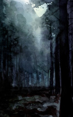 watercolor illustration Dark Wood trees fog Hand Drawing Background