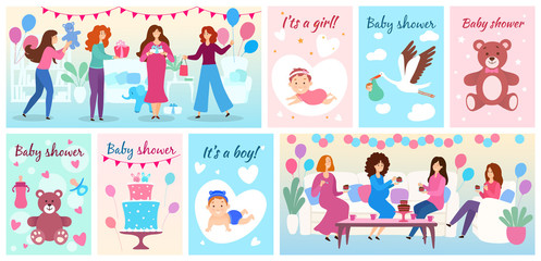 Fototapeta premium Baby shower celebration, vector illustration for newborn baby birthday party, it is a boy, it is a girl. Set of colorful invitations and greeting cards, poster or banner. Pregnant mom expecting baby.