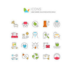 Fototapeta premium Set Vector Line Icons of Electric Vehicle.