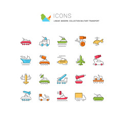 Set Vector Line Icons of Military Transport.