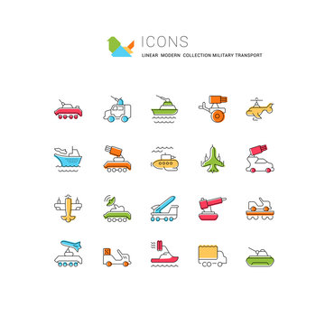 Set Vector Line Icons of Military Transport.