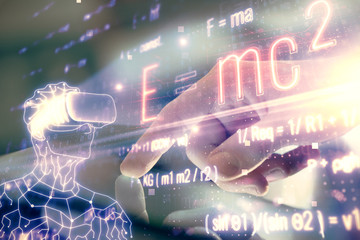 Double exposure of man's hands holding and using a phone and formulas drawing. Education concept.