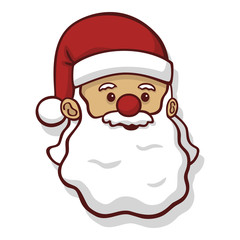 Cute vector drawing of a Santa Claus head with a red nose, a big white beard and a red hat. Isolated on white with a shadow.