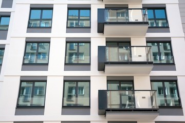 Fototapeta premium Beautifully designed multistory house with glass facade balconies in city district architecture, luxury real estate property apartments for sale.