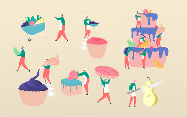 Cakes and confectionery people chef manufacturing, vector illustration, flat style. Tiny characters make handmade organic sweets and kraft homemade cupcakes bakery. Confectionery producing business.