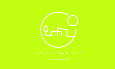 A line art icon logo of a modern house with a Tree and sun