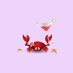 an illustration of funny crab with cocktail on violet background