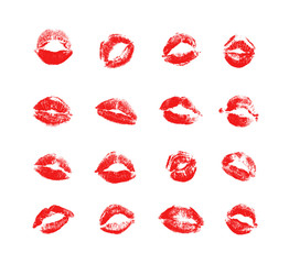Vector collection of textured kisses imprints isolated on a white background. Romantic and erotic set of monochrome templates of stamps lips for your design.