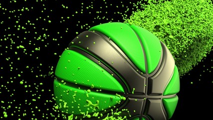 Black-Green Basketball with Green Particles. 3D CG. 3D illustration. 3D high quality rendering.
