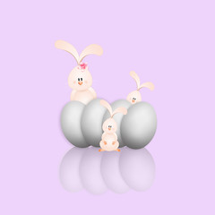 an illustration of funny bunnies with egg on violet background