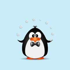 an illustration of funny penguin with snowflakes on blue background